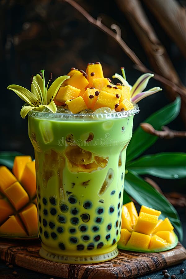 Picie boba świecące zielone herbaty z kostki mango i kwiaty na górze serwowane w przezroczystej plastikowej filiżance ilustracja wektor