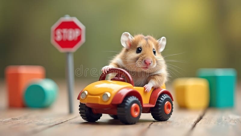 Hamster adorabil care conduce o mașină de jucărie cu peisaj de bloc vector illustration