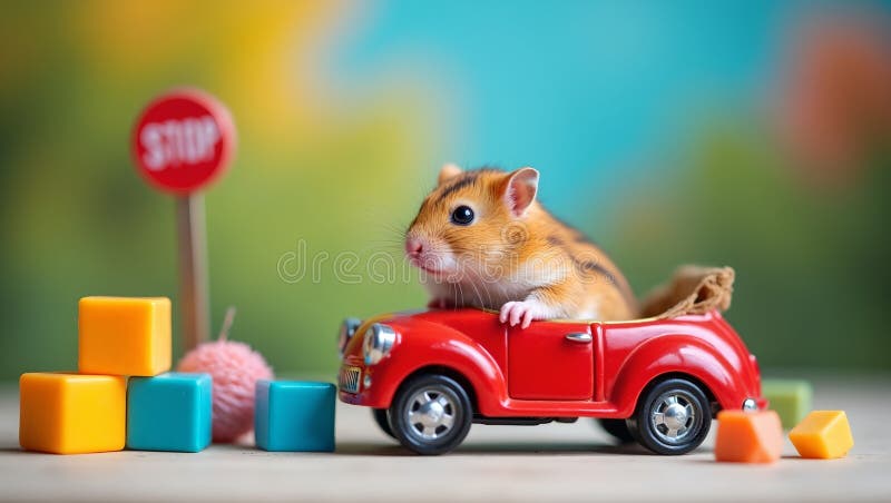 Hamster adorabil care conduce o mașină de jucărie cu peisaj de bloc royalty free illustration