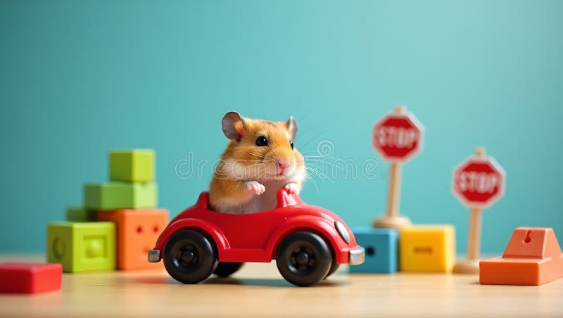 Hamster adorabil care conduce o mașină de jucărie cu peisaj de bloc royalty free illustration