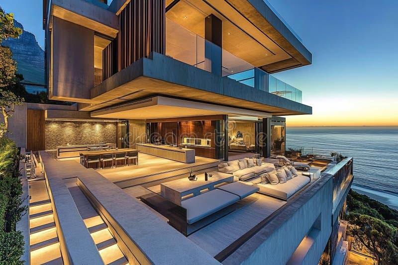 Villa moderna di lusso con vista sull'oceano al tramonto illustrazione di stock