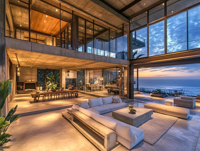 Interni di villa moderna di lusso con vista sull'oceano illustrazione vettoriale