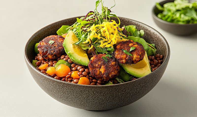 Gezonde Vegan Bowl met Linzen, Avocado en Falafel stock illustratie