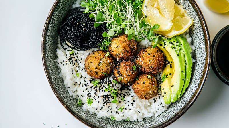Gezonde Buddha Bowl met Falafel en Avocado stock illustratie