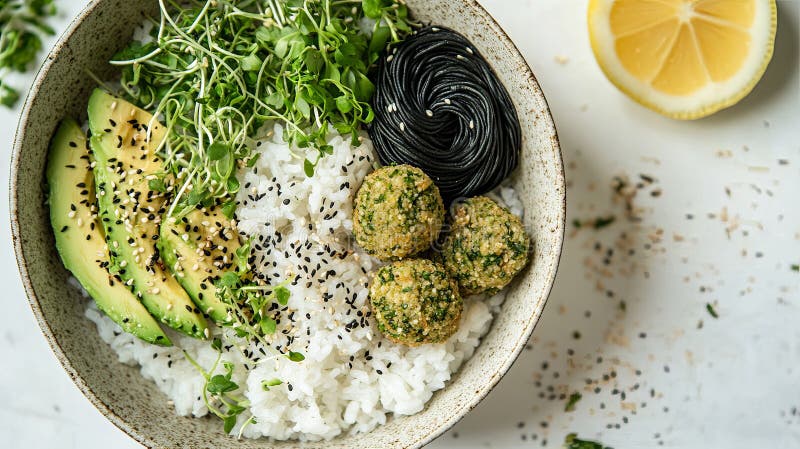 Gezonde Buddha Bowl met Avocado, Falafel en Zwarte Noodles royalty-vrije illustratie