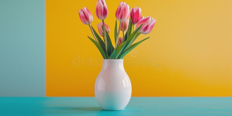 Rosa Tulpen in einer weißen Vase vor einem geteilten gelb- und türkisgrünen Hintergrund lizenzfreie abbildung