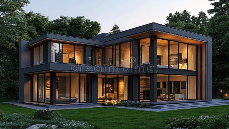 Esterno di una Casa di Lusso Moderna al Crepuscolo illustrazione di stock