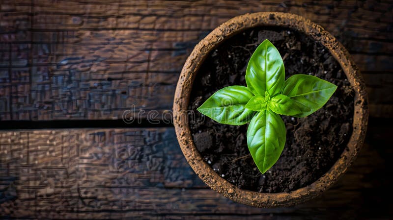 Świeża roślina bazylii w doniczce terakotowej ilustracja wektor