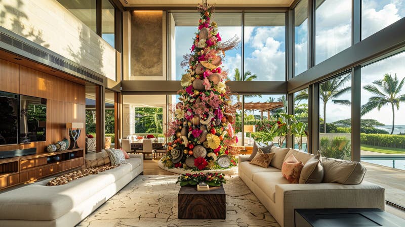La moderna casa hawaiana di lusso ospita una scena natalizia unica con fascino tropicale illustrazione di stock