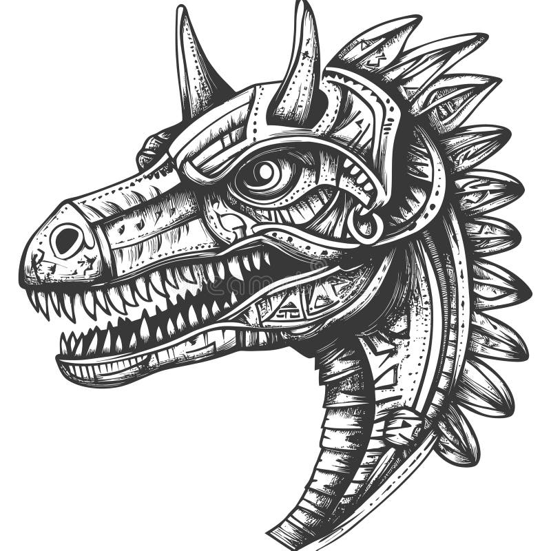 Ornate Tribal Dinozaur Head Desen Cu Cerneală Detaliată. Un desen minuțios de detaliat cu cerneală al unui dinozaur, împodobit cu tipare tribale complexe și marcaje. Ilustrația prezintă caracteristici puternice pentru dinți ascuțite și un design uimitor.