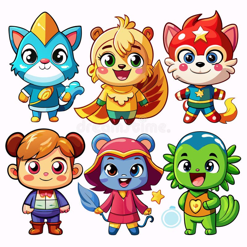 Sześć uroczych postaci zwierząt z kreskówek ilustracji