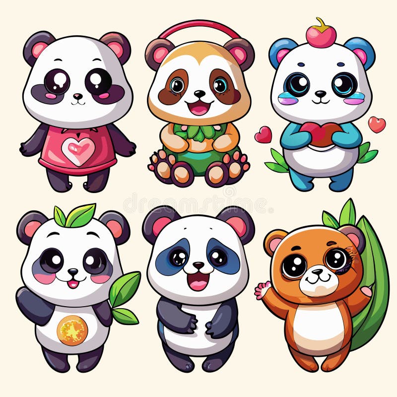 Sześć uroczych pand i misiów z kreskówek royalty ilustracja