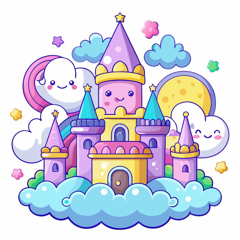 Castelo de desenho animado fofo nas nuvens ilustração royalty free