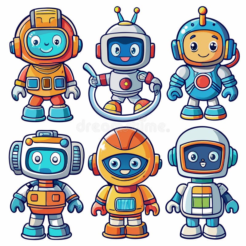 Sześć uroczych robotów z kreskówek w skafandrach kosmicznych royalty ilustracja
