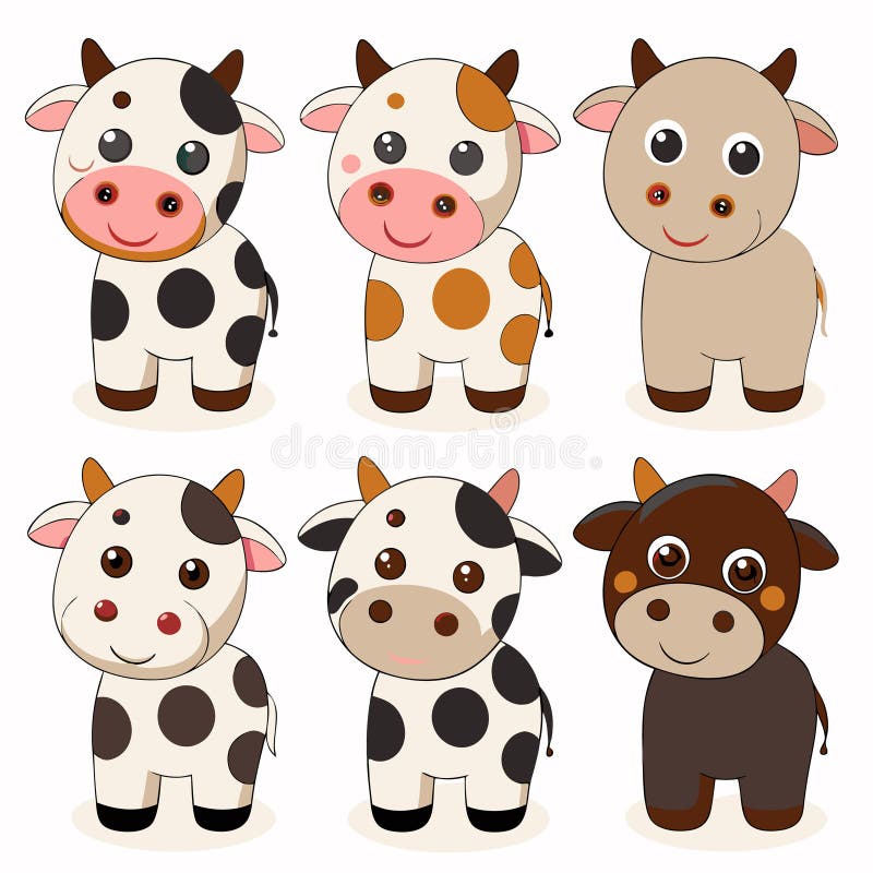 Sześć uroczych kreskówkowych krów w różnych kolorach ilustracji