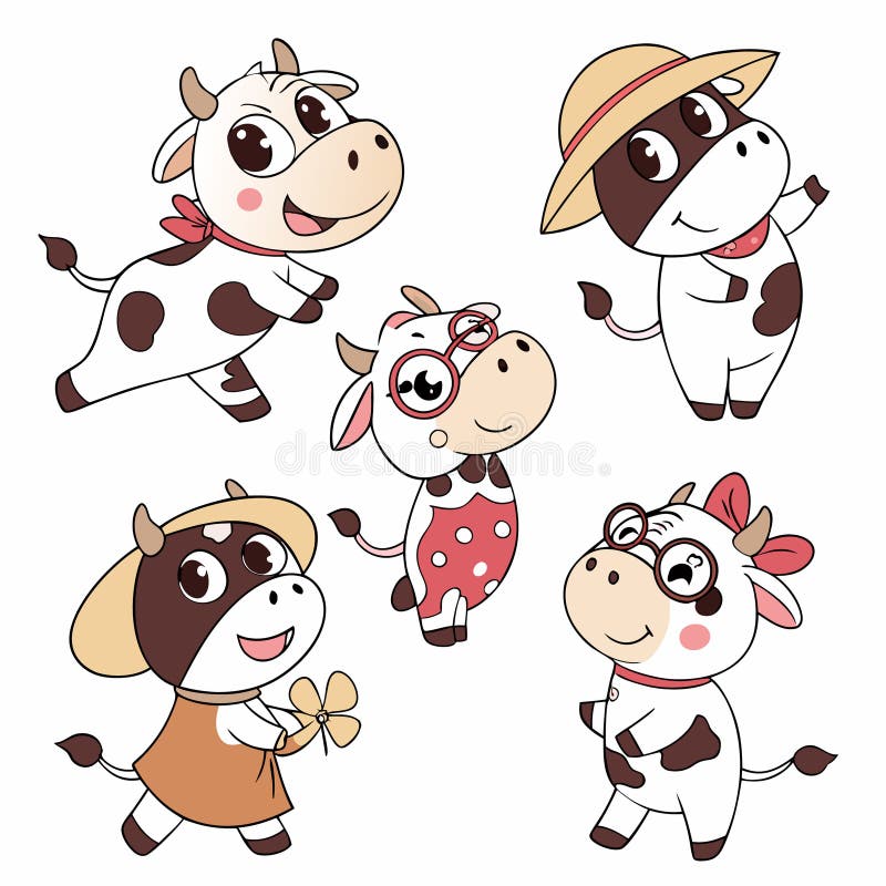 Pięć uroczych kreskówkowych krów w różnych strojach royalty ilustracja
