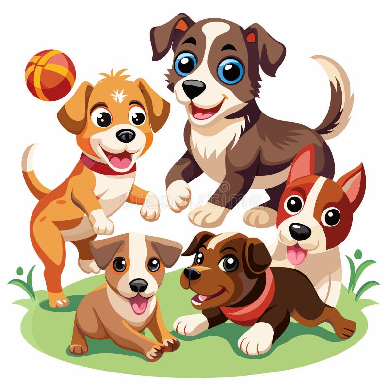 Pięć uroczych szczeniaków z kreskówek bawiących się na trawie royalty ilustracja