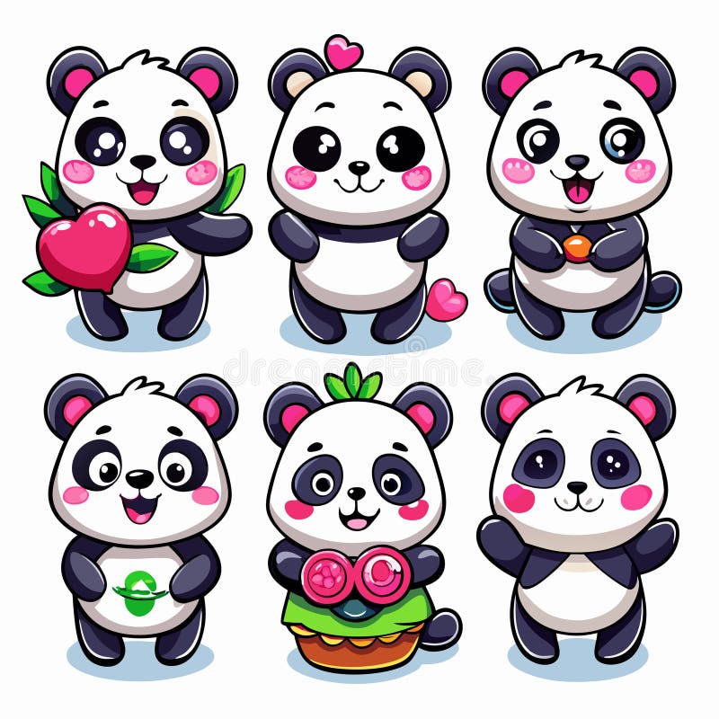 Sześć uroczych pand kreskówkowych w różnych pozach royalty ilustracja