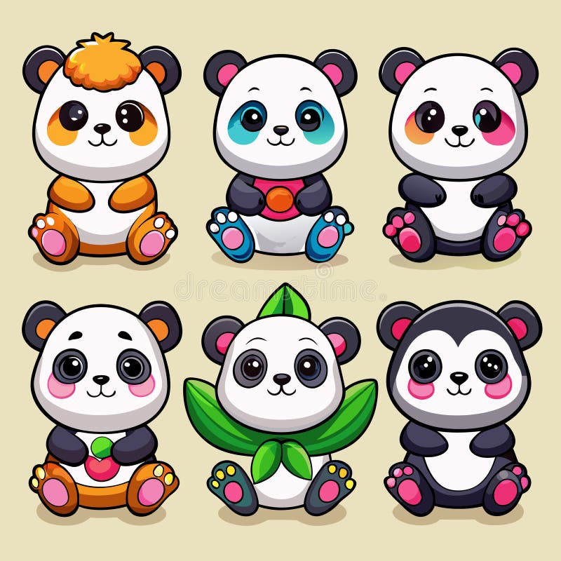 Sześć uroczych pand z kreskówek ilustracja wektor