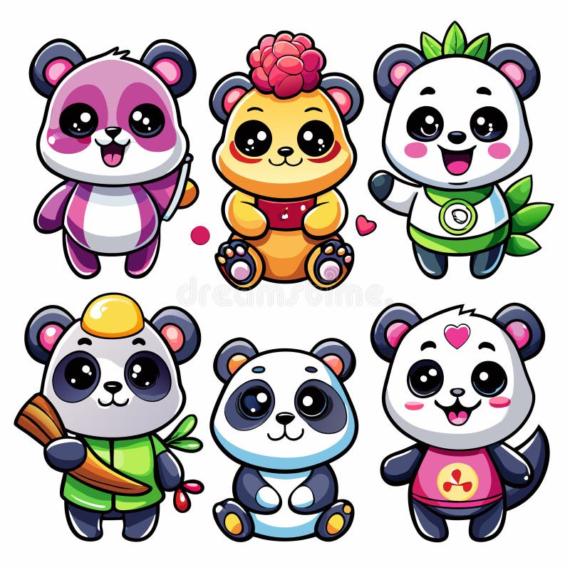 Sześć uroczych pand kreskówkowych royalty ilustracja