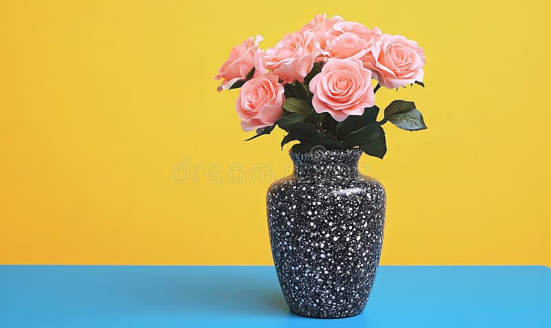 Rosensteine in gezinkter Vase gegen Gelb und Blau Hintergrund vektor abbildung