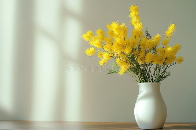 Eine Vase aus gelben Mimosa-Blumen an einer weißen Wand mit Sonnenlicht, die durch ein Fenster strömt vektor abbildung