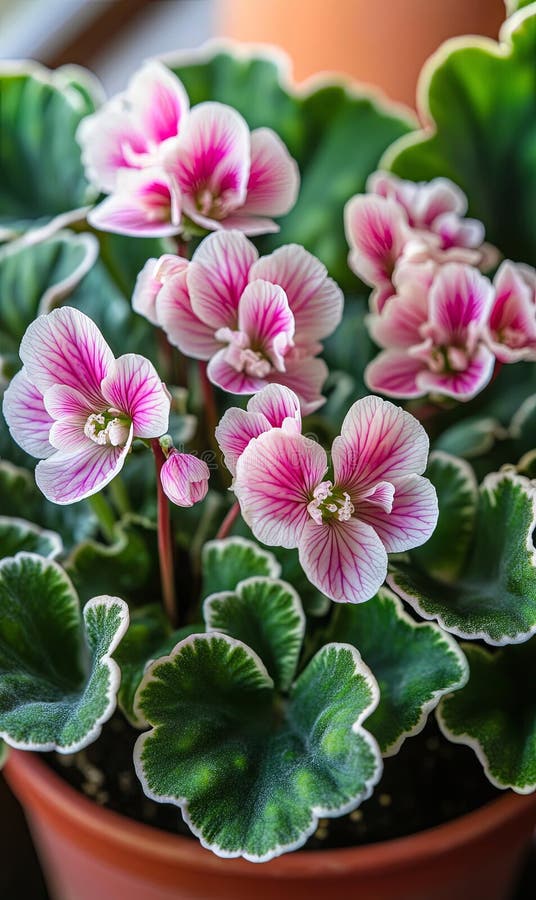 Closeup d'une plante en pots rose et blanc à fleurs avec feuilles vertes illustration de vecteur