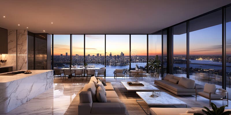 Salotto moderno di lusso con vetrine di grandi dimensioni che sovrastano una skyline cittadina al tramonto royalty illustrazione gratis