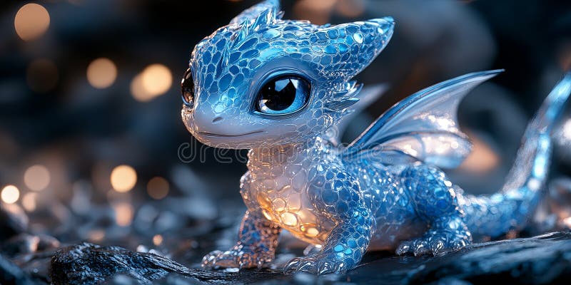 Un dragon albastru mic și drăguț, cu ochii mari și sclavă și piept strălucitor, stă pe o suprafață stâncoasă. vector illustration
