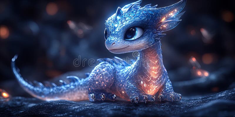 Un dragon albastru drăguț cu solzi portocalii strălucitori stă pe o suprafață stâncoasă întunecată stock illustration