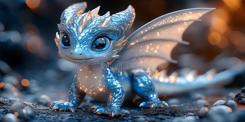 Un dragon mic albastru și strălucitor cu ochi mari albaștri este pus pe o suprafață stâncoasă întunecată vector illustration