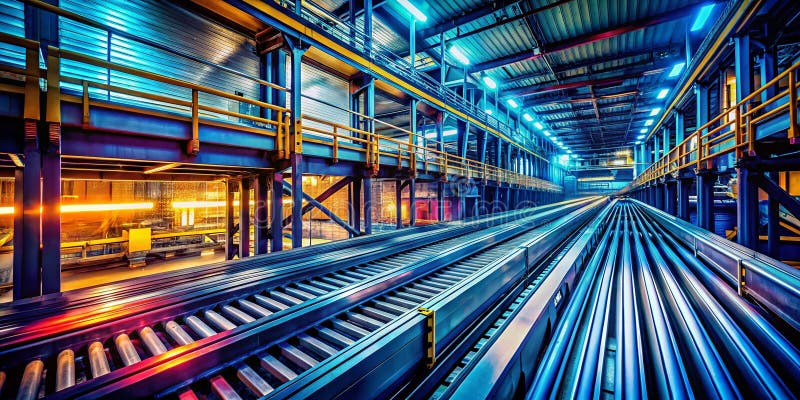 抽象工业仓库输送带 — 城市机械在模糊中快速移动的探索 皇族释放例证