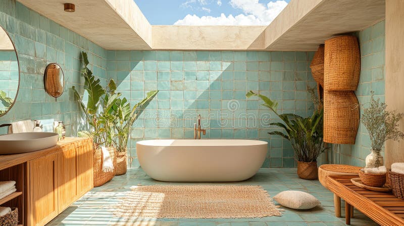 Un baño moderno con una bañera independiente, un mueble de lavabo de madera y grandes ventanas con luz natural libre illustration