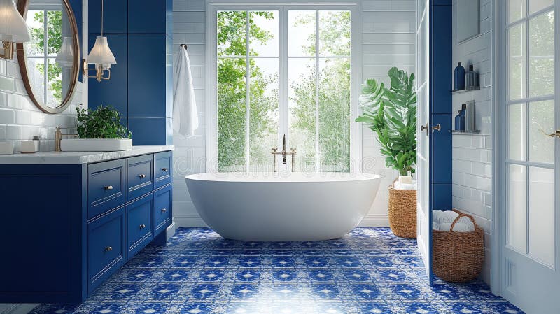 Baño moderno con tocador azul, bañera blanca y baldosas estampadas en el suelo ilustración del vector