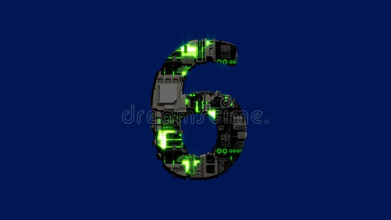 Number 6 - dark distressed scrap metal alphabet with glowing green, isolated - object 3D rendering royalty free illustration