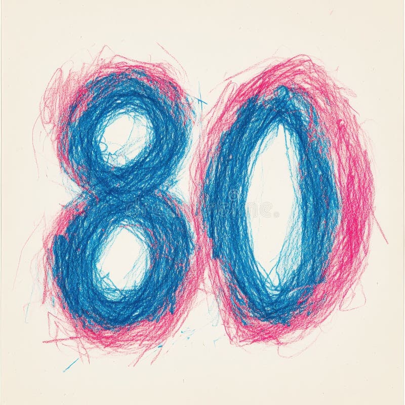 Number 80 drawn with red and blue crayon strokes stock photo