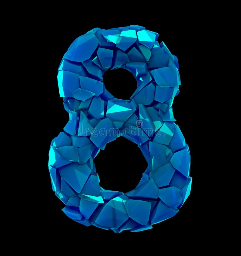 Number eight 8 made of broken plastic blue color isolated black background stock illustration