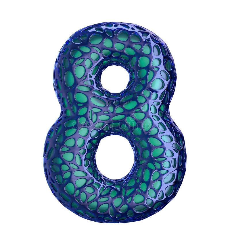 Number 8 eight made of blue plastic with abstract holes isolated on white background. 3d vector illustration