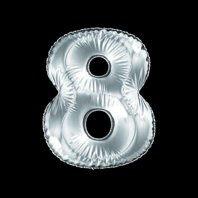 Number 8 eight made of silver balloon isolated on a black background. stock illustration