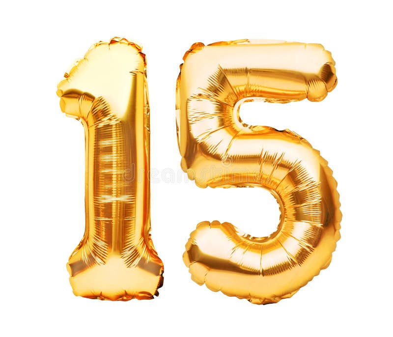 Number 15 Fifteen Made Of Golden Inflatable Balloons Isolated On White.  Helium Balloons, Gold Foil Numbers. Party Decoration, Stock Image - Image  of hundredth, creative: 174049525