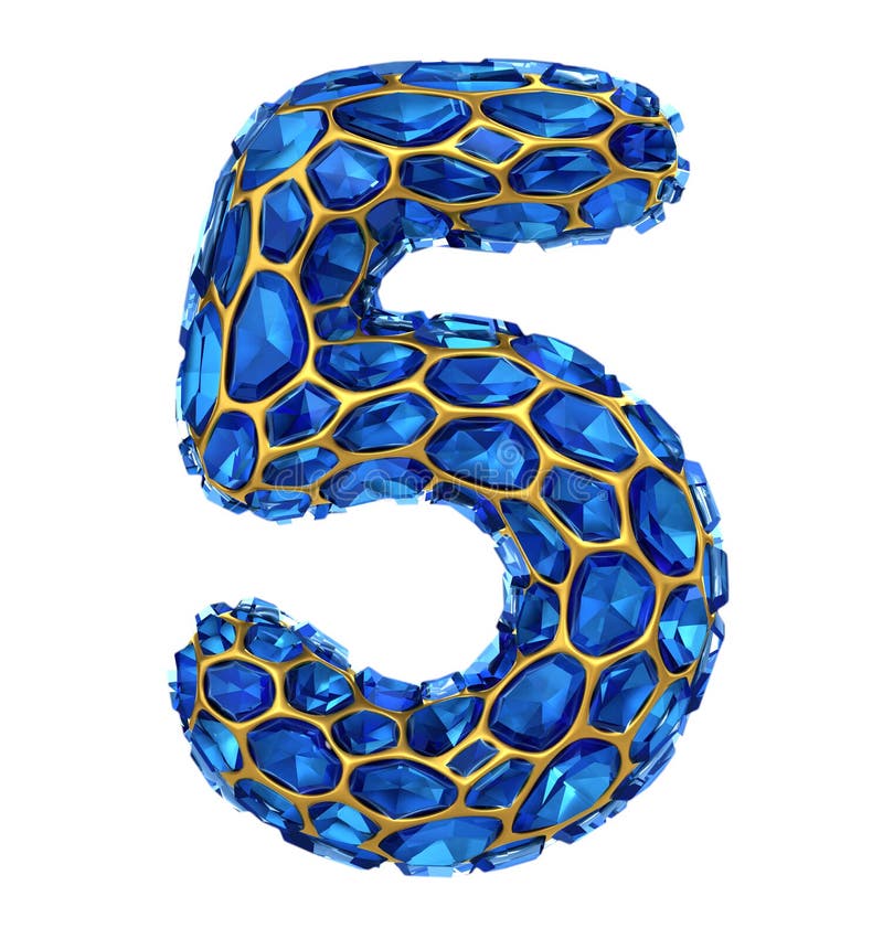 Number 5 Five Made of Blue Diamond Isolated on White Background. 3d Stock Illustration