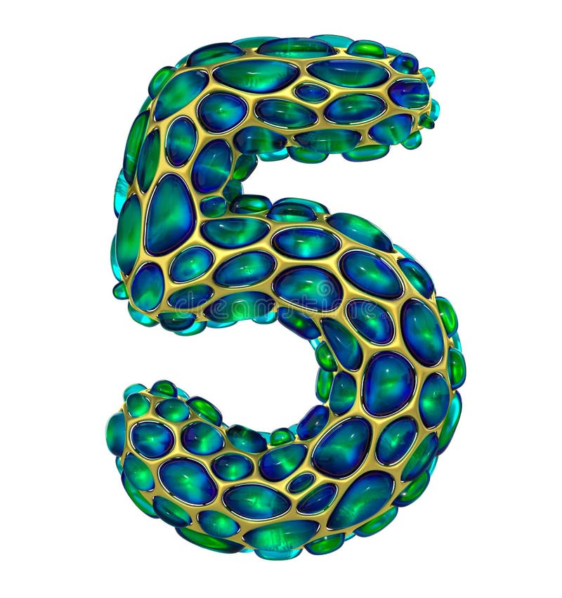 Number 5 five made of golden shining metallic 3D with green glass isolated on white background.