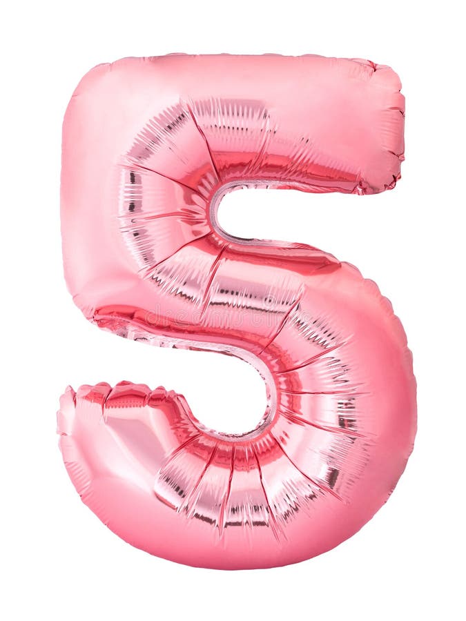 Number 5 five made of rose gold inflatable balloon isolated on white background. Discount and sale, birthday and