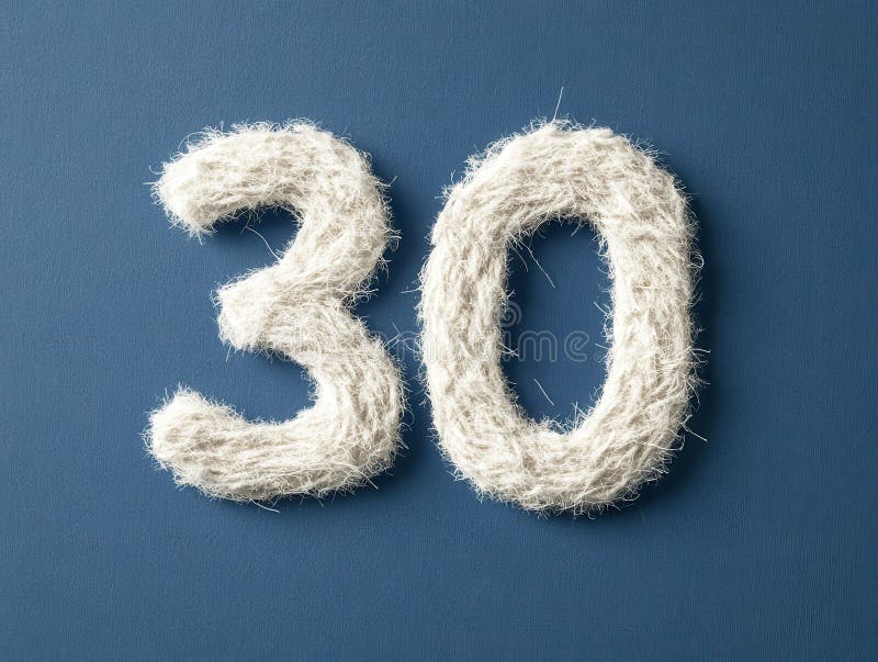 Number 30 made from white fibers on blue background royalty free stock image