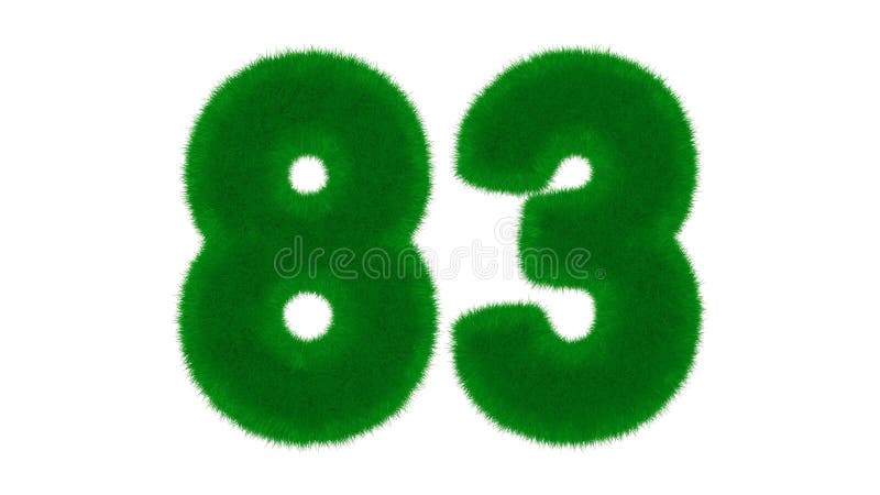Number 83 from natural green font in the form of grass on an isolated white background. 3d render illustration.