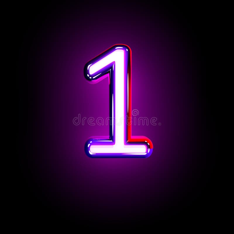 Purple shine neon font - number 1 isolated on black background, 3D illustration of symbols stock illustration