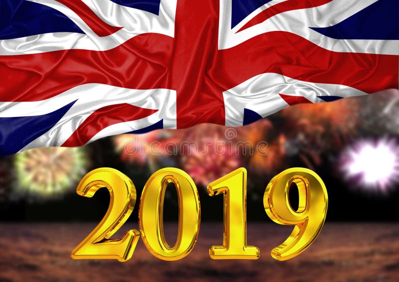 Number 2019, new year, behind the flag of United Kingdom, background fireworks stock illustration Number 2019, new year, behind the flag of United Kingdom, background fireworks stock illustration