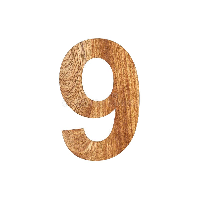 Number Nine the 9 in Oak Wood. White Background Stock Photo Image