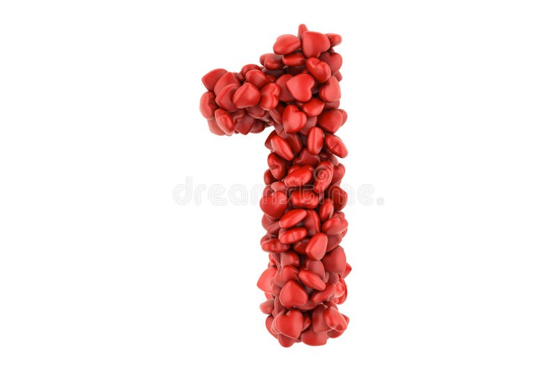 Number 1 from red hearts, 3D rendering