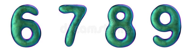 Number set 6, 7, 8, 9 made of realistic 3d render green color. Collection of natural snake skin texture style symbol